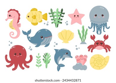 set of marine inhabitants. Different fish. Vector cartoon illustration. childrens cute animal set