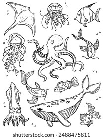 Set of marine inhabitants. Sketch different marine mammals and plants. Vector illustrations of fish, whale, stingray, jellyfish