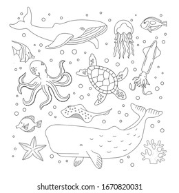 Conjunto de habitantes marinos. Fauna submarina. Ballena azul, ballena esperma, medusas, grañones, coral, pescado, estepa, tortuga. Elementos para colorear. Ilustración de doodle aislada en fondo blanco.