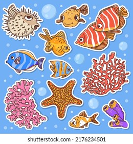 Set with marine inhabitants in the underwater world in the style of a doodle.