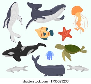 Set of marine inhabitants: whales, turtle, fish, jellyfish.Poster,banner,card. Hand drawn vector flat illustation.June 8 World Oceans Day. 