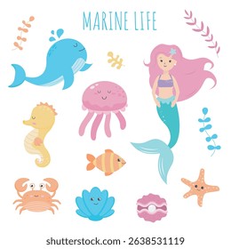 Set of marine life animals.