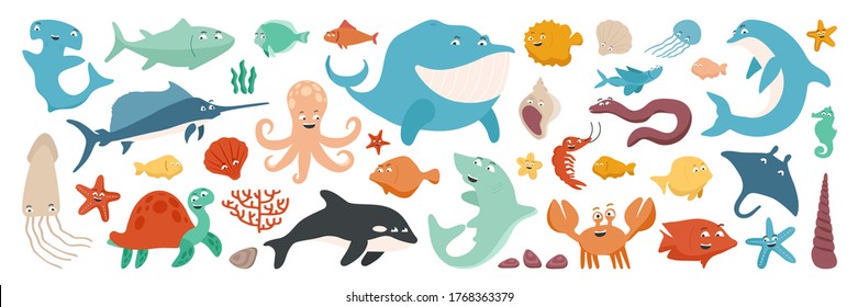 Set of marine life in a cartoon flat style. Turtle. Eel. Whale. Dolphin. Killer whale. Starfish. Crab. Jellyfish. Squid. Shrimp. Fish. Swordfish. Tuna. Coral. Hammer fish. vector illustration.