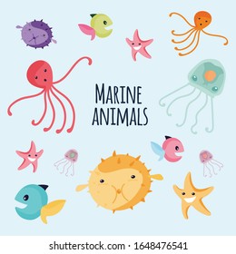 Set of marine life, contains a seahorse, octopus, fish, starfish. Cartoon style. Isolated
