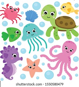 Set of marine life, contains a turtle, seahorse, octopus, fish, crab, starfish and shells. Cartoon style. Isolated on white background.