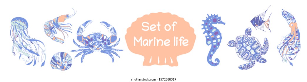 Set of marine life in gentle pastel colors with patterns. Fish, crab, mollusk, jellyfish, seahorses, turtle, cockleshell and crayfish in the collection inhabitants of the sea.