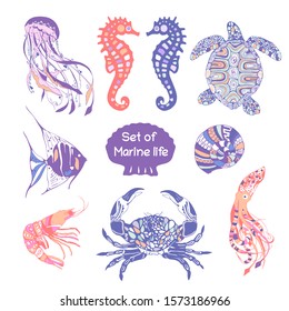 Set of marine life in gentle pastel colors with patterns. Fish, crab, mollusk, jellyfish, seahorses, turtle, cockleshell and crayfish in the collection inhabitants of the sea.