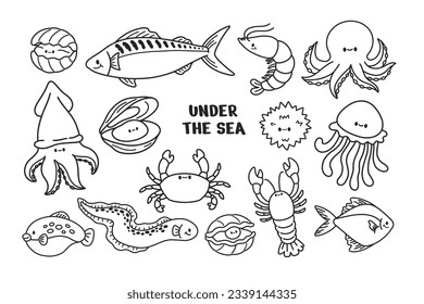 Set of marine life outline art illustration for coloring. Under the sea concept. Doodle cartoon style vector isolated on white background.