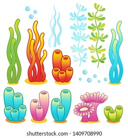 Set Marine life. Plants Vector isolated elements.