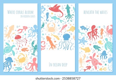 Set of marine life poster design like squids, crabs, and starfish underwater. Colorful ocean scene banner template with coral, bubbles, and different sea creatures in blue water reef.