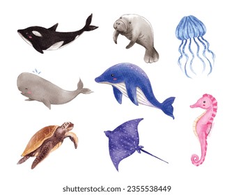 Set of marine life. sea animals watercolor vector illustration