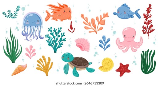Set of marine life and sea plants