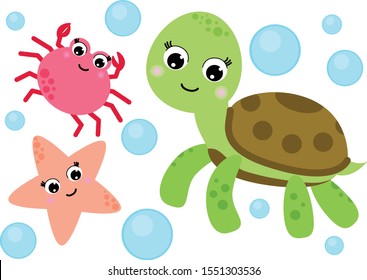 Set of marine life. Turtle, starfish, crab. Cartoon style.