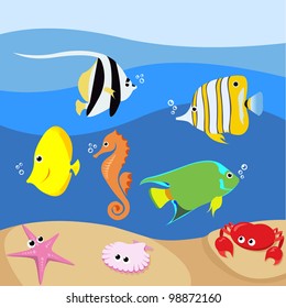 Set of marine life with various tropical fishes