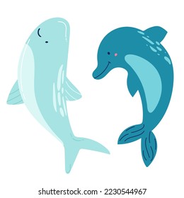 Set of marine mammals blue whales, sharks, sperm whales, dolphins, beluga whales, narwhal killer whales. Cartoon vector graphics