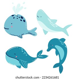 Set of marine mammals blue whales, sharks, sperm whales, dolphins, beluga whales, narwhal killer whales. Cartoon vector graphics