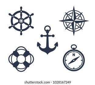Set of marine, maritime or nautical icons with an anchor, buoy, life ring, compass, compass rose and ships steering wheel isolated on white, eps8 vector illustration