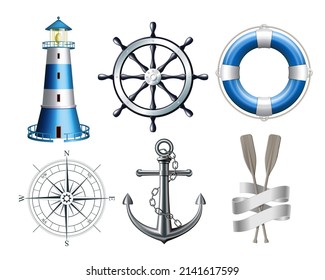 Set of marine, maritime or nautical icons with an anchor, lifebuoy ring, compass rose, lighthouse, paddles and ships steering wheel isolated on white. Vector illustration