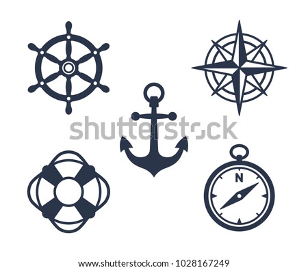 Set of marine, maritime or nautical icons with an anchor, buoy, life ring, compass, compass rose and ships steering wheel isolated on white, eps8 vector illustration