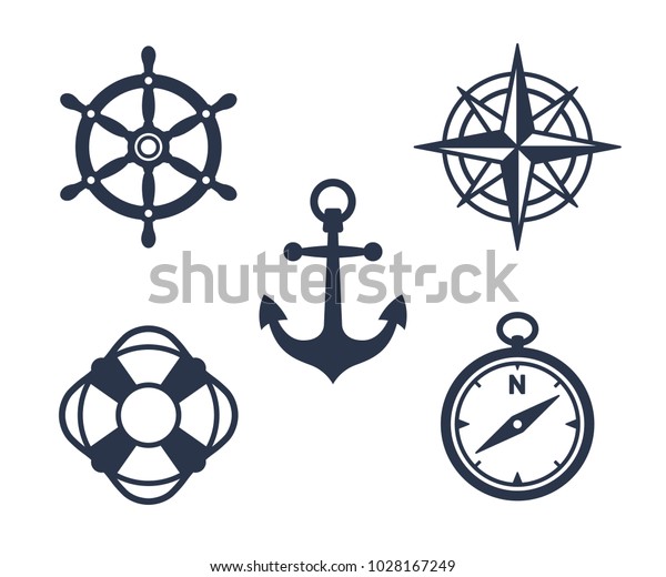 Set of marine, maritime\
or nautical icons with an anchor, buoy, life ring, compass, compass\
rose and ships steering wheel isolated on white, eps8 vector\
illustration