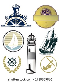 Set of marine, maritime and nautical symbols - vector illustration