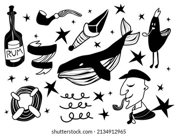 A set of marine, miniature tattoos. Rum, seagull, whale, pipe, ribbon, pirate, sailor, captain, star, lifebuoy, dagger. Linear, vector illustration. Stamp.