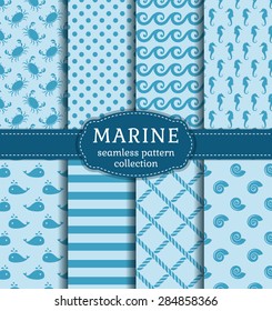 Set of marine and nautical backgrounds in blue colors. Sea theme. Seamless patterns collection. Vector illustration. 
