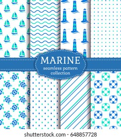 Set of marine and nautical backgrounds in blue, turquoise and white colors. Sea theme. Cute seamless patterns collection. Vector illustration.
