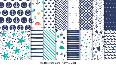 Set of marine and nautical backgrounds in navy blue and white colors. Sea theme. Elegant seamless patterns collection. Geomteric templates Striped blue patterns Vector illustration.