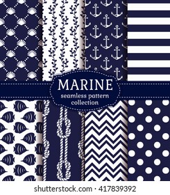 Set of marine and nautical backgrounds in navy blue and white colors. Sea theme. Elegant seamless patterns. Vector collection. 