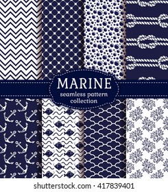 Set of marine and nautical backgrounds in navy blue and white colors. Sea theme. Seamless patterns collection. Vector illustration.