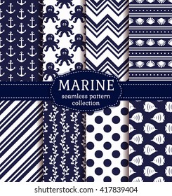 Set of marine and nautical backgrounds in navy blue and white colors. Sea theme. Seamless patterns collection. Vector illustration.