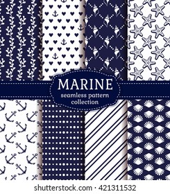 Conjunto de fundos marinhos e náuticos em azul marinho e branco cores. Tema do mar. Coleção de padrões sem costura. Ilustração vetorial.