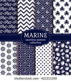 Set of marine and nautical backgrounds in navy blue and white colors. Sea theme. Cute seamless patterns collection. Vector illustration. 