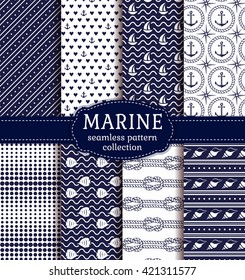 Set of marine and nautical backgrounds in navy blue and white colors. Sea theme. Elegant seamless patterns collection. Vector illustration. 
