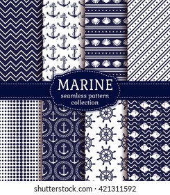 Set of marine and nautical backgrounds in navy blue and white colors. Sea theme. Elegant seamless patterns collection. Vector illustration. 