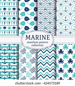 Set Of Marine And Nautical Backgrounds In Navy Blue, Turquoise And White Colors. Sea Theme. Cute Seamless Patterns Collection. Vector Illustration. 