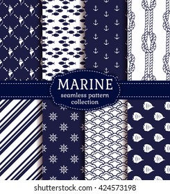 Set of marine and nautical backgrounds in navy blue and white colors. Sea theme. Elegant seamless patterns collection. Vector illustration.