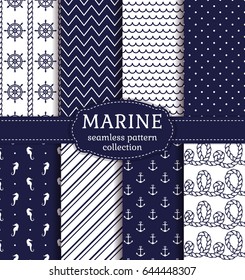 Set of marine and nautical backgrounds in navy blue and white colors. Sea theme. Cute seamless patterns collection. Vector illustration.