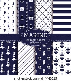 Set of marine and nautical backgrounds in navy blue and white colors. Sea theme. Cute seamless patterns collection. Vector illustration.