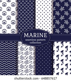 Set of marine and nautical backgrounds in navy blue and white colors. Sea theme. Cute seamless patterns collection. Vector illustration. 