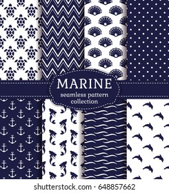 Set of marine and nautical backgrounds in navy blue and white colors. Sea theme. Cute seamless patterns collection. Vector illustration.