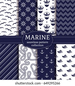 Set of marine and nautical backgrounds in navy blue and white colors. Sea theme. Elegant seamless patterns collection. Vector illustration. 