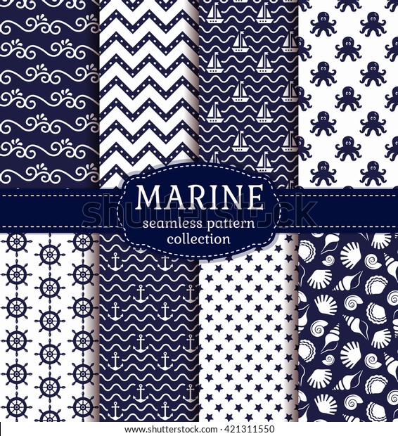 海軍の青と白の色で表した海洋と海の背景のセット 海のテーマ かわいい シームレスなパターンコレクション ベクターイラスト のベクター画像素材 ロイヤリティフリー