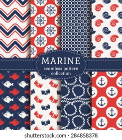 Set of marine and nautical backgrounds. Sea theme. Seamless patterns collection. Vector illustration. 