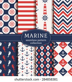 Set of marine and nautical backgrounds. Sea theme. Seamless patterns collection. Vector illustration. 