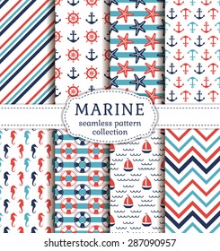 Set of marine and nautical backgrounds. Sea theme. Seamless patterns collection. Vector illustration. 
