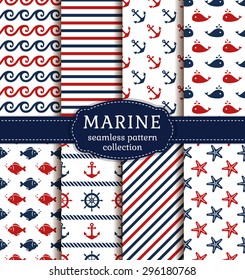 Set of marine and nautical backgrounds. Sea theme. Seamless patterns collection. Vector illustration. 