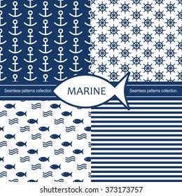Set of marine and nautical backgrounds. Sea theme. Seamless patterns collection. Vector illustration.