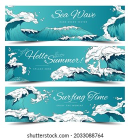 Set of marine nautical banners or flyers with turbulent streams of water with large waves, color engraving style vector illustration on blue background.